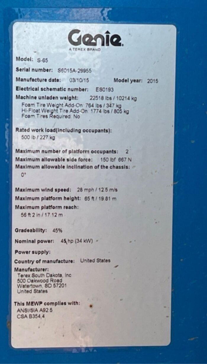 2015 Genie S65 Telescopic Boom Lift - Image 15