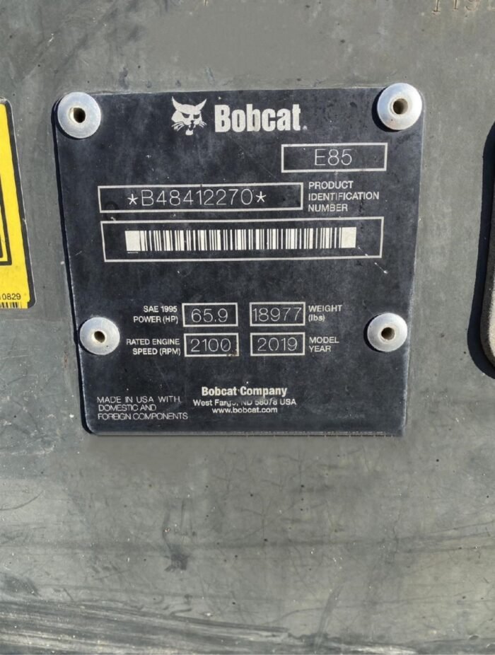 2019 Bobcat E85 Compact Mini Excavator (2nd Unit) - Image 9